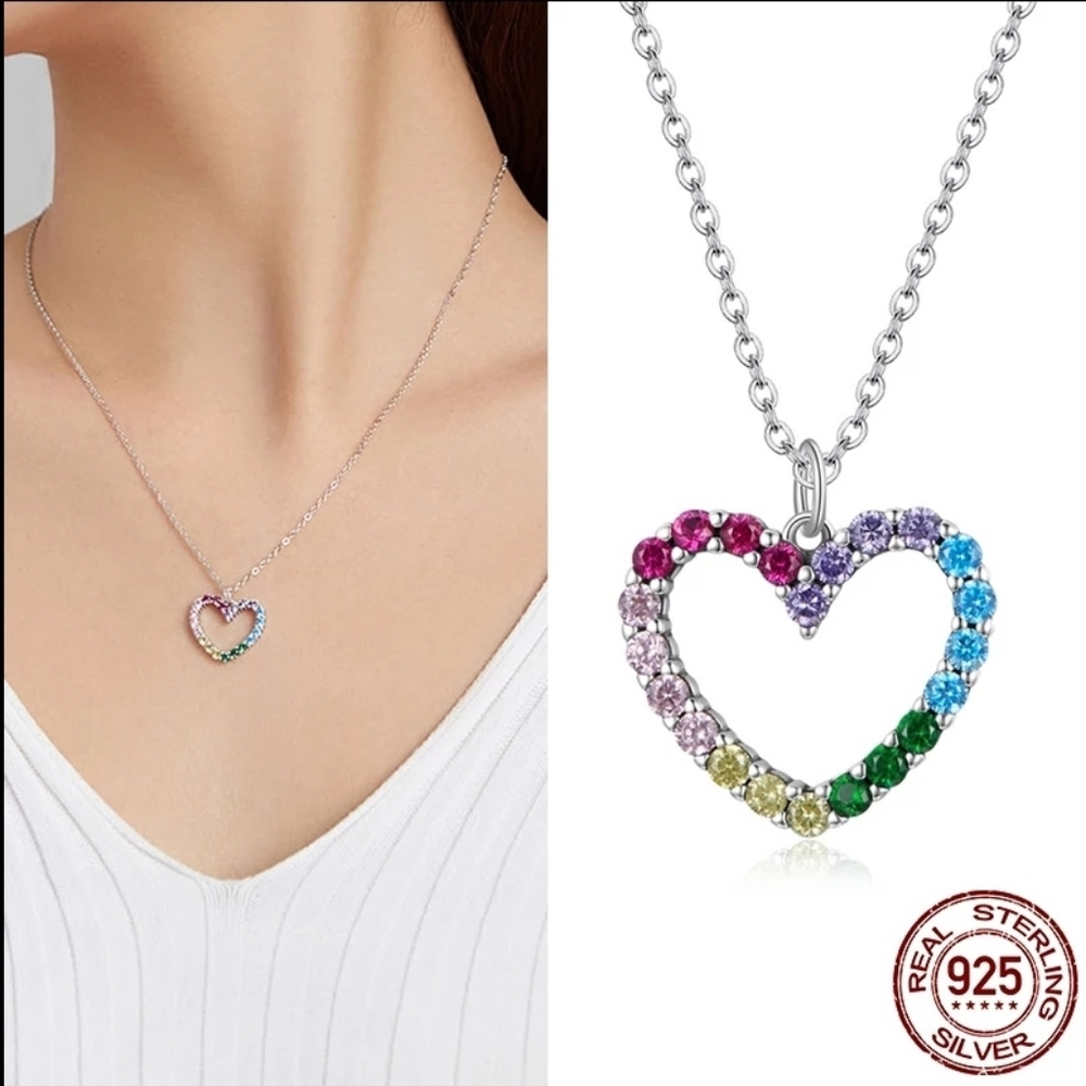 Authentic 925 Sterling Silver Multi Color heart Pendant necklace.